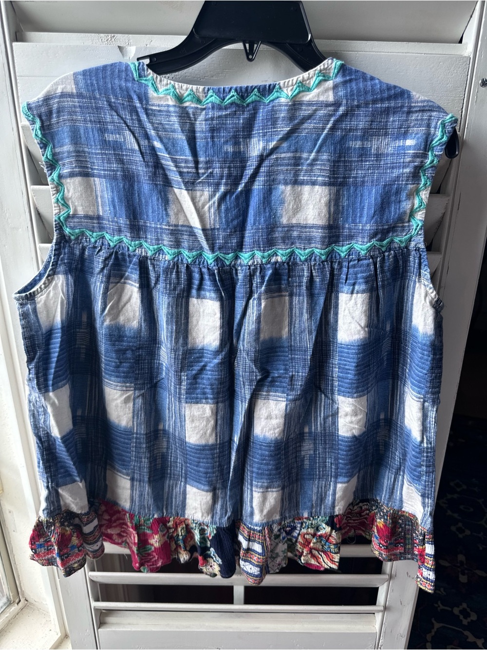 John Mark Blue Plaid Sleeveless Top with Multicolor Floral Embroidery - Picture 3 of 3